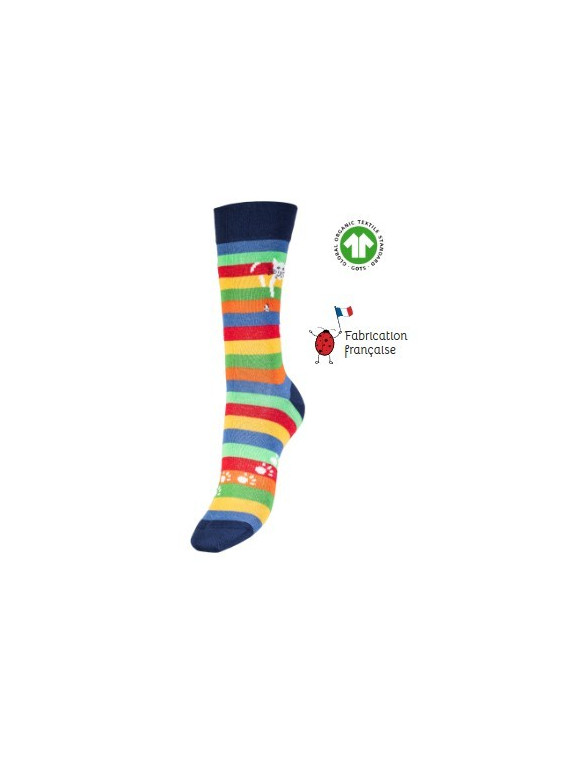 chaussettes à rayures multicolores et motif chat perché
