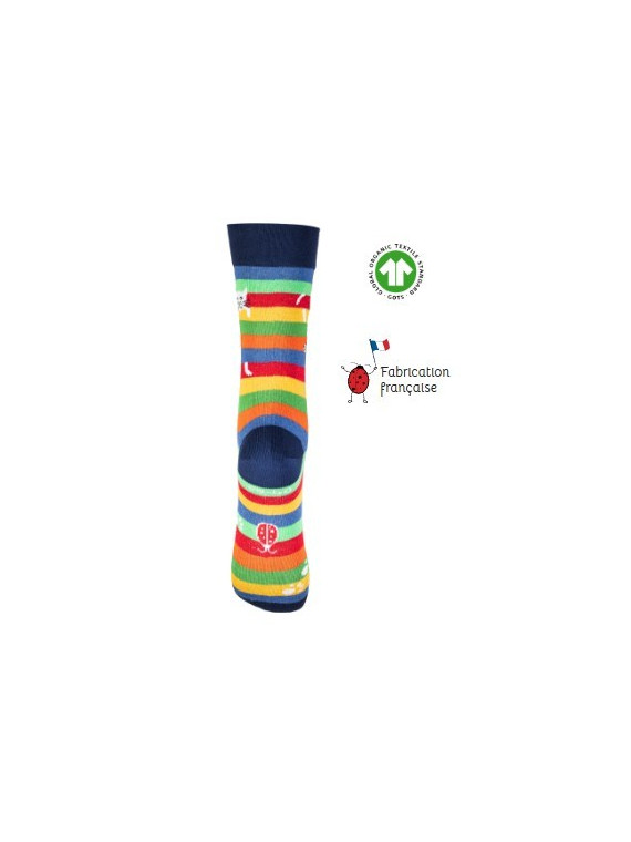 chaussettes à rayures multicolores et motif chat perché