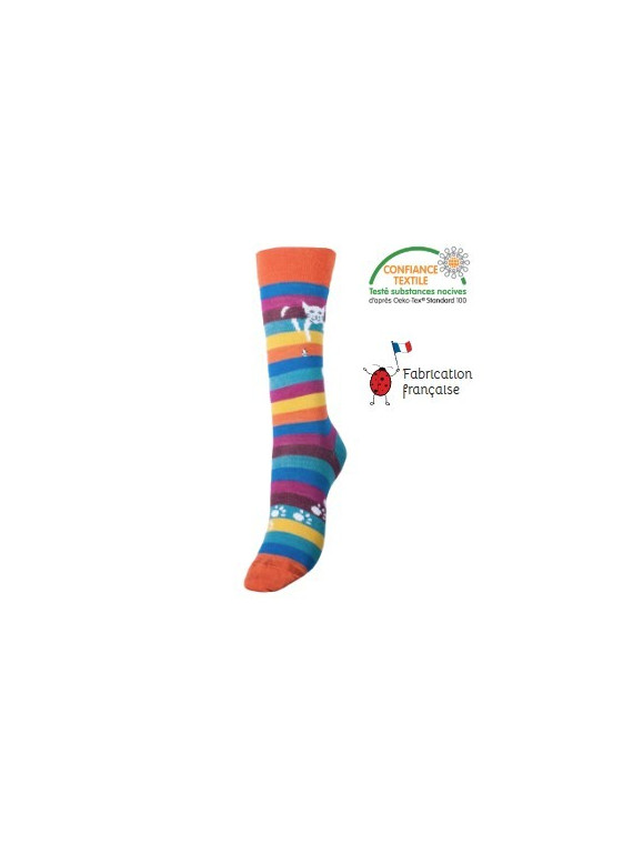 chaussettes rayées multicolores avec motif de chat perché