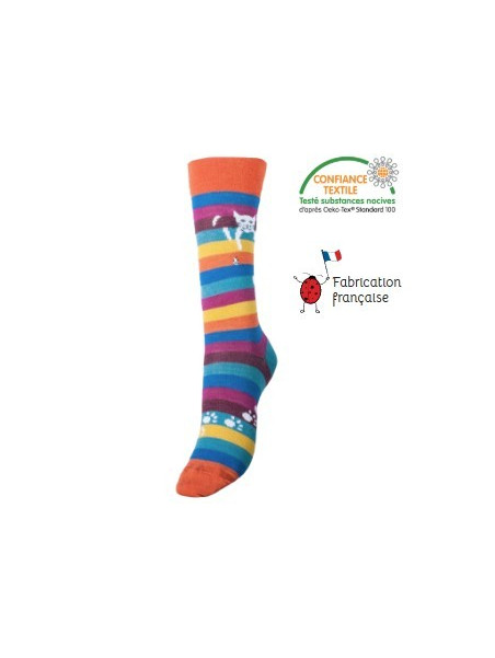 chaussettes rayées multicolores avec motif de chat perché