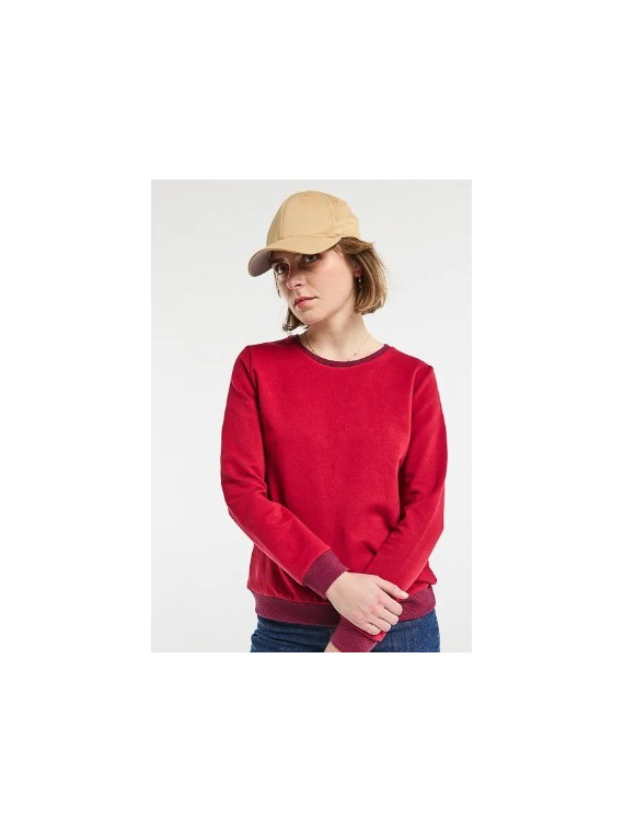 sweat femme bordeaux avec petites rayures sur le col et les poignets