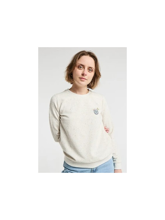 sweat femme beige avec plumetis et broderie paresseux sur la poitrine
