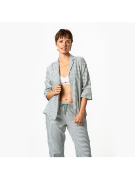 Pyjama femme rayé vert amande et écru, haut manches 3/4, bas large