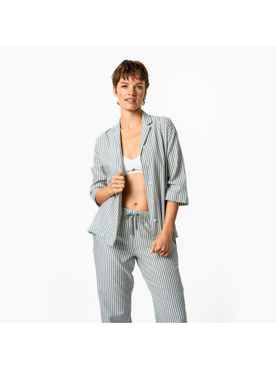 Pyjama femme rayé vert amande et écru, haut manches 3/4, bas large