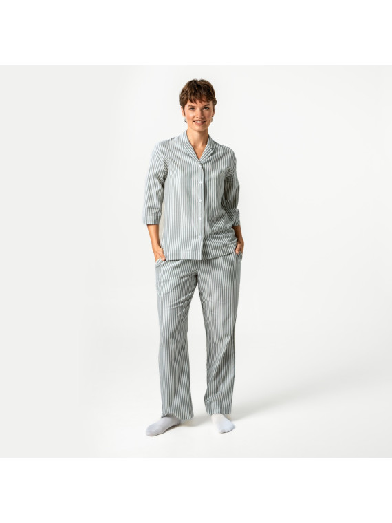Pyjama femme rayé vert amande et écru, haut manches 3/4, bas large
