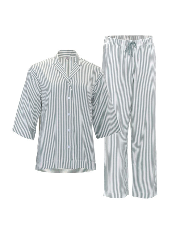 Pyjama femme rayé vert amande et écru, haut manches 3/4, bas large