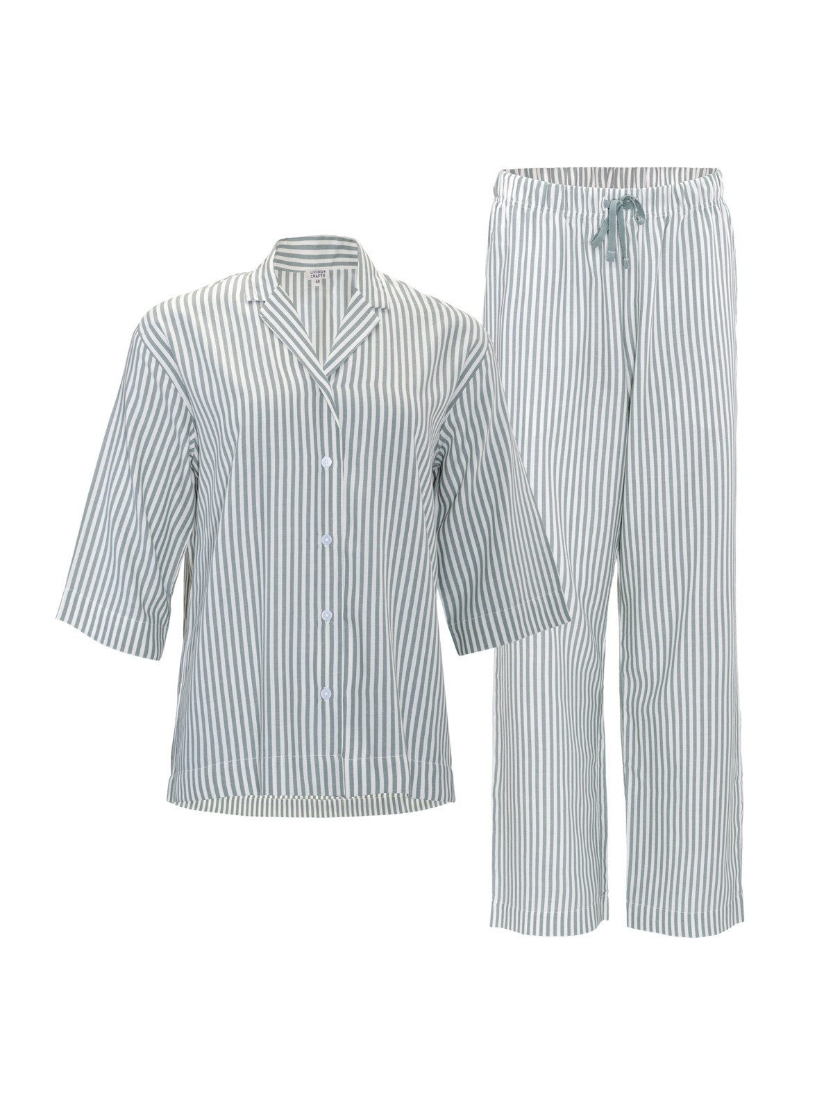 Pyjama femme rayé vert amande et écru, haut manches 3/4, bas large