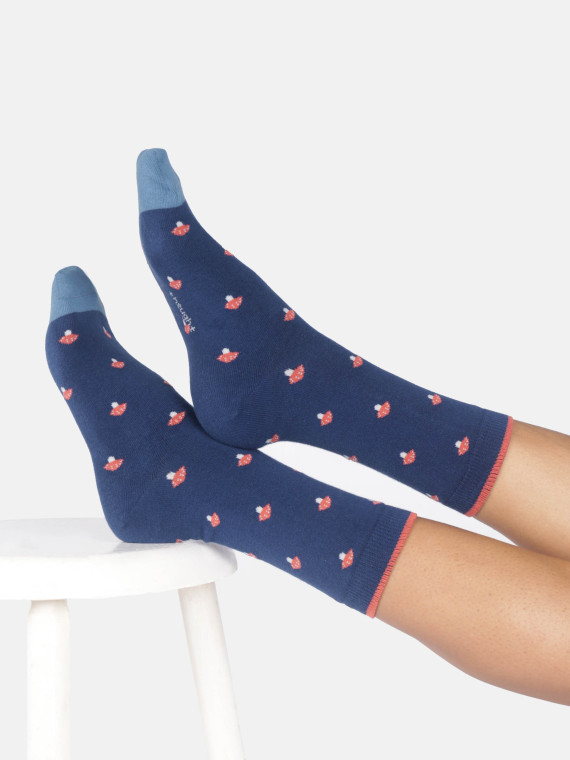 chaussettes marines pointe bleue motifs champignons oranges