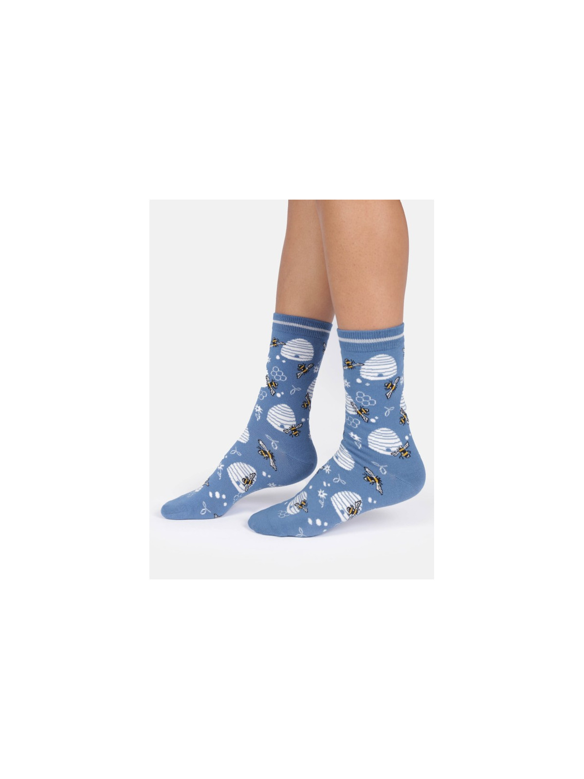 chaussettes bleues avec motifs de ruches demi-cercle et abeilles