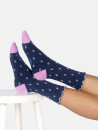 chaussettes marines avec pointe et talon rose motifs petites fleurs