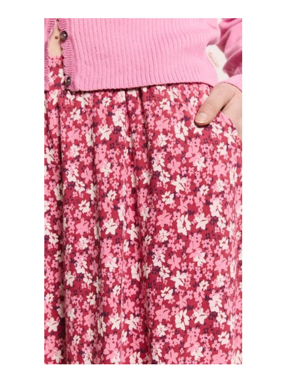 jupe longueur dessous du genou imprimé petites fleurs rouges et roses sur fond blanc