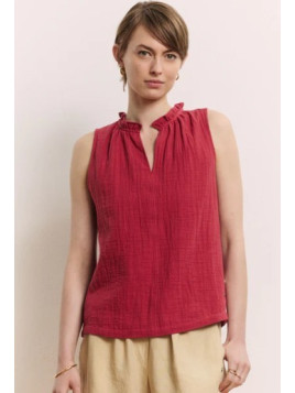 chemisier sans manche avec col froncé en mousseline rouge grenat