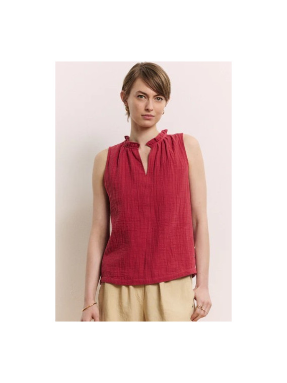 chemisier sans manche avec col froncé en mousseline rouge grenat