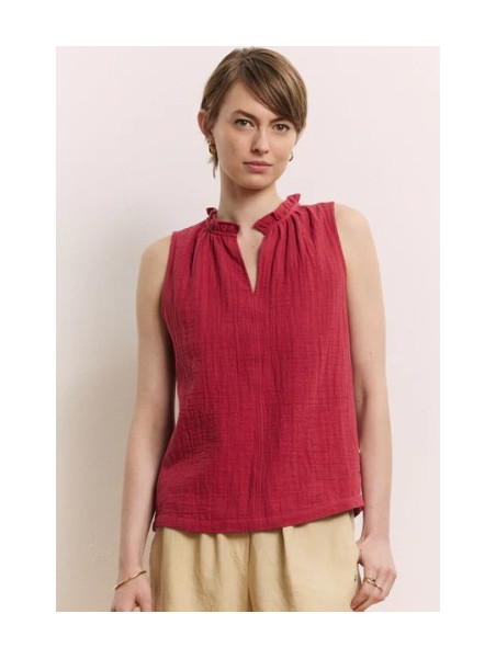 chemisier sans manche avec col froncé en mousseline rouge grenat