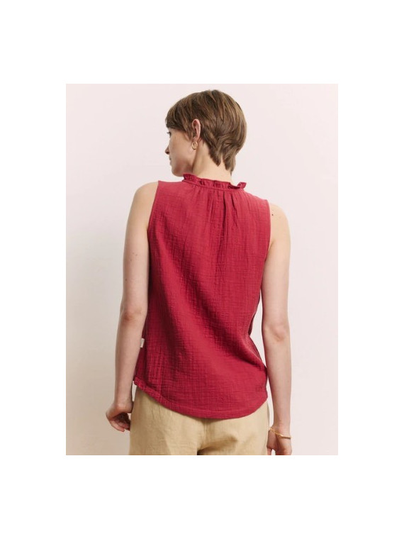 chemisier sans manche avec col froncé en mousseline rouge grenat