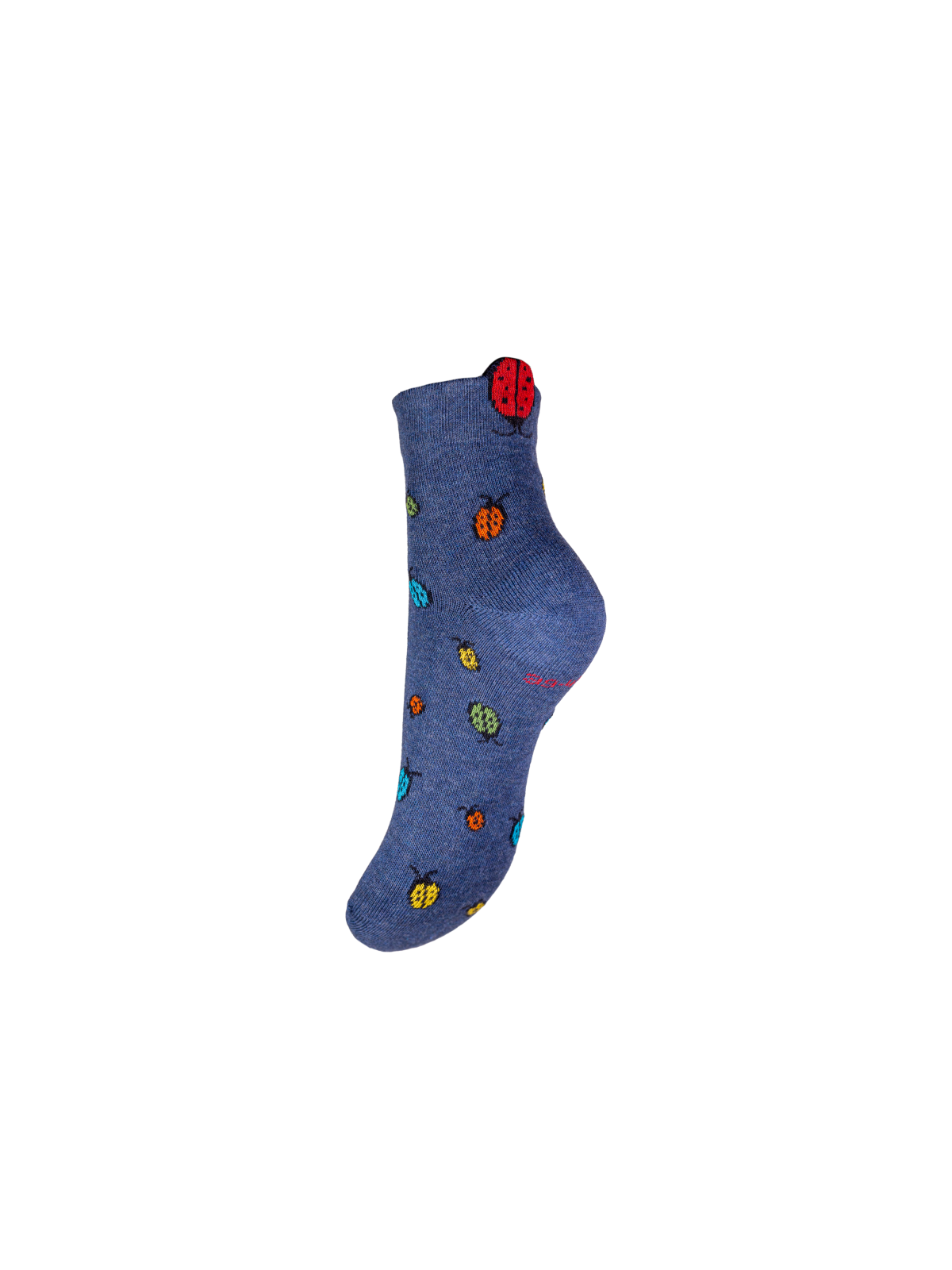 socquettes bleu avec motifs coccinelles de différentes couleurs