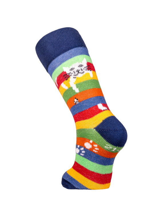 chaussettes grosses rayures multicolores motif chat perché