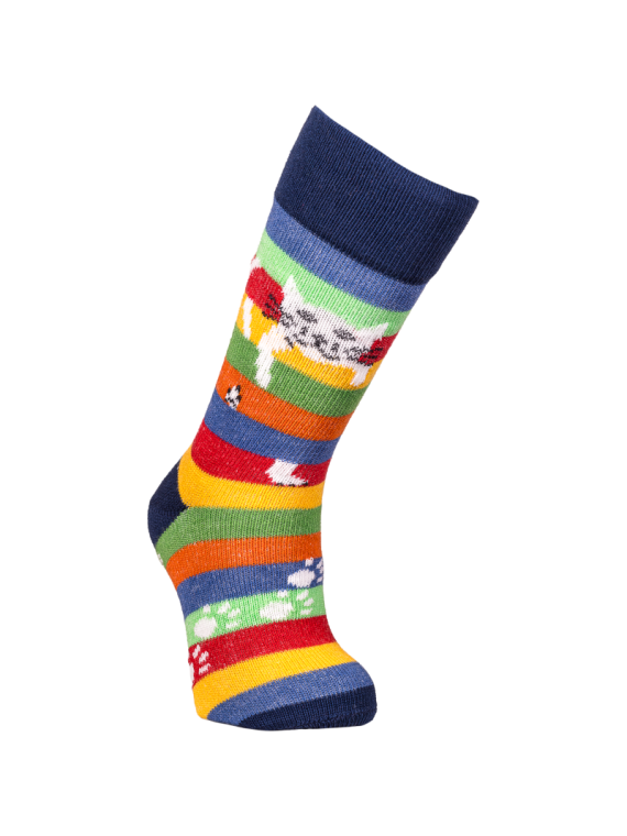 chaussettes grosses rayures multicolores motif chat perché