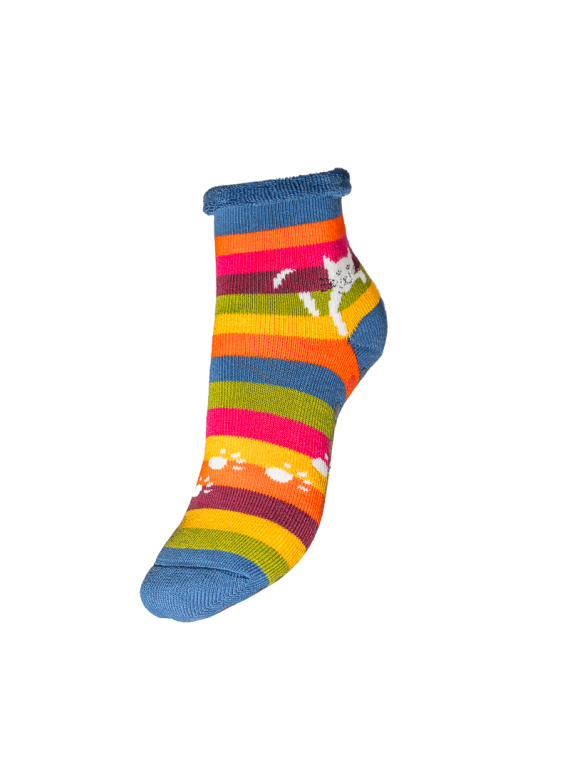 chaussettes anti-dérapantes rayures larges multicolores motif chat perché