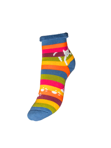 chaussettes anti-dérapantes rayures larges multicolores motif chat perché