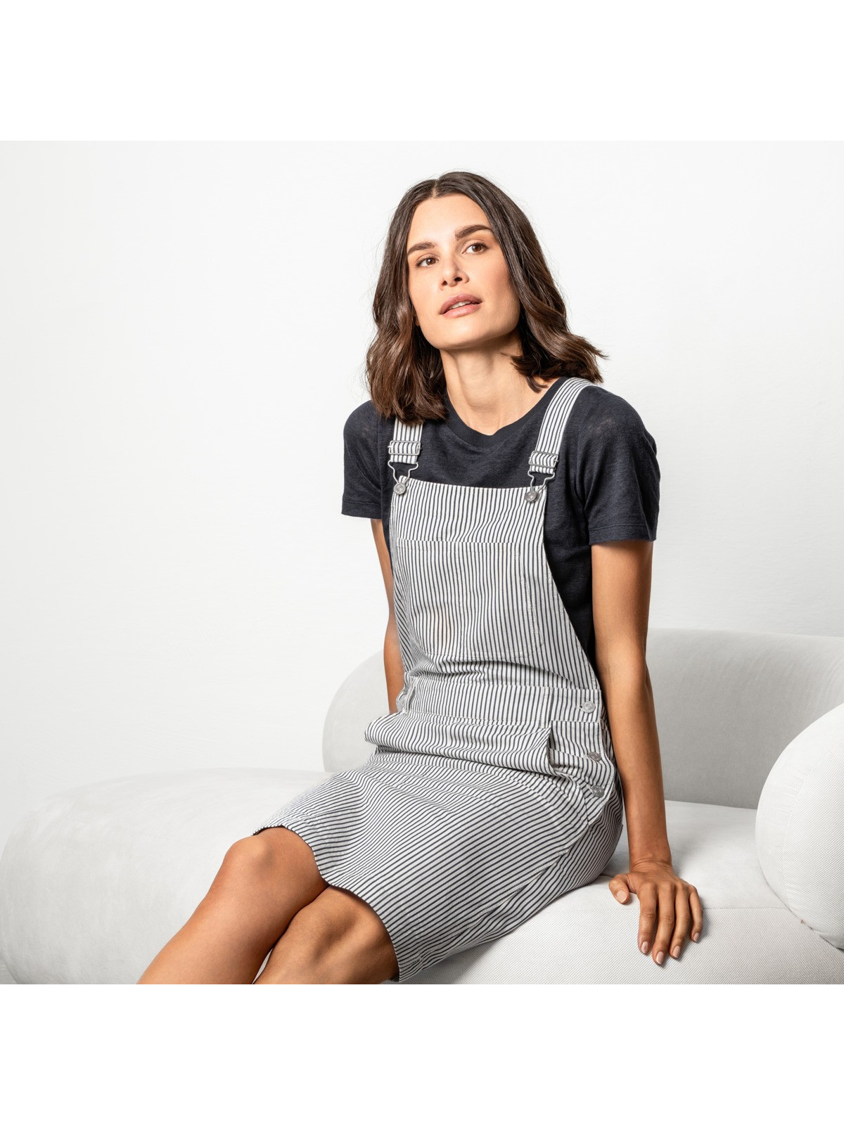 robe salopette rayée écrue marine longueur genou