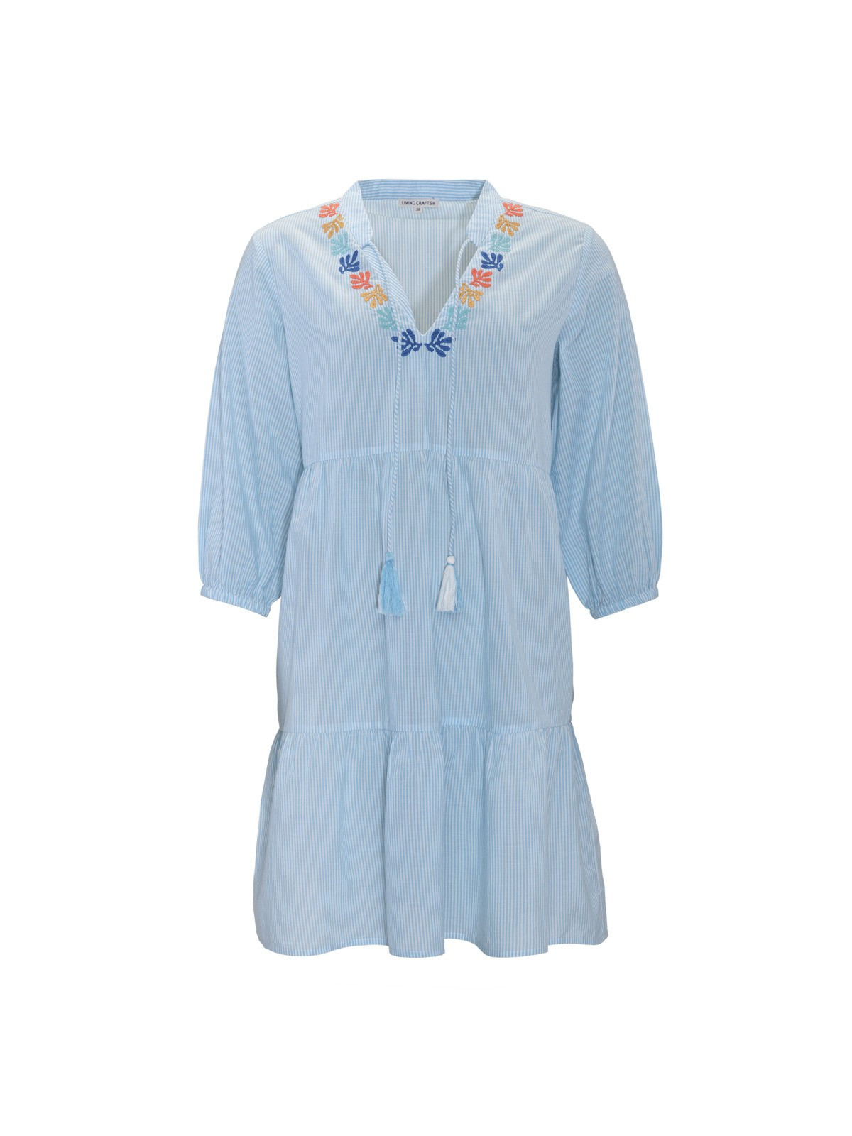 robe courte ou tunique rayée bleu clair et blanc broderies autour du col en V