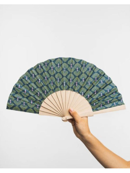 Eventail en Coton Bleu à Motifs Colorés Roses et Beiges - Tranquillo