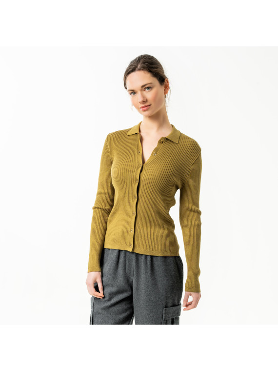 Cardigan pour Femme en 100% Coton Bio couleur Moutarde -Llivingcrafts