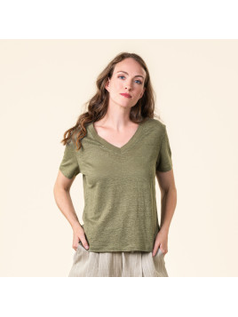Tee-shirt pour Femme Col V uni en 100% Lin - Livingcrafts
