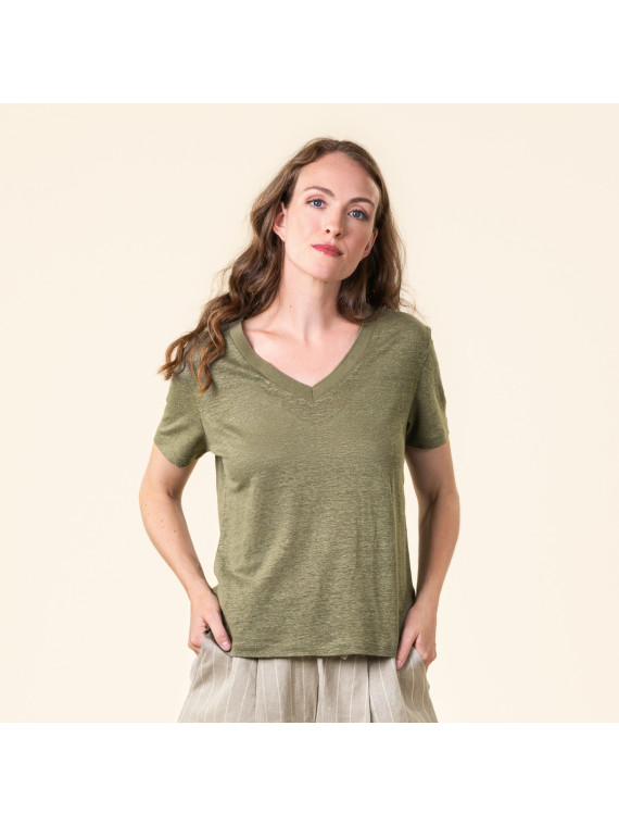 Tee-shirt pour Femme Col V uni en 100% Lin - Livingcrafts