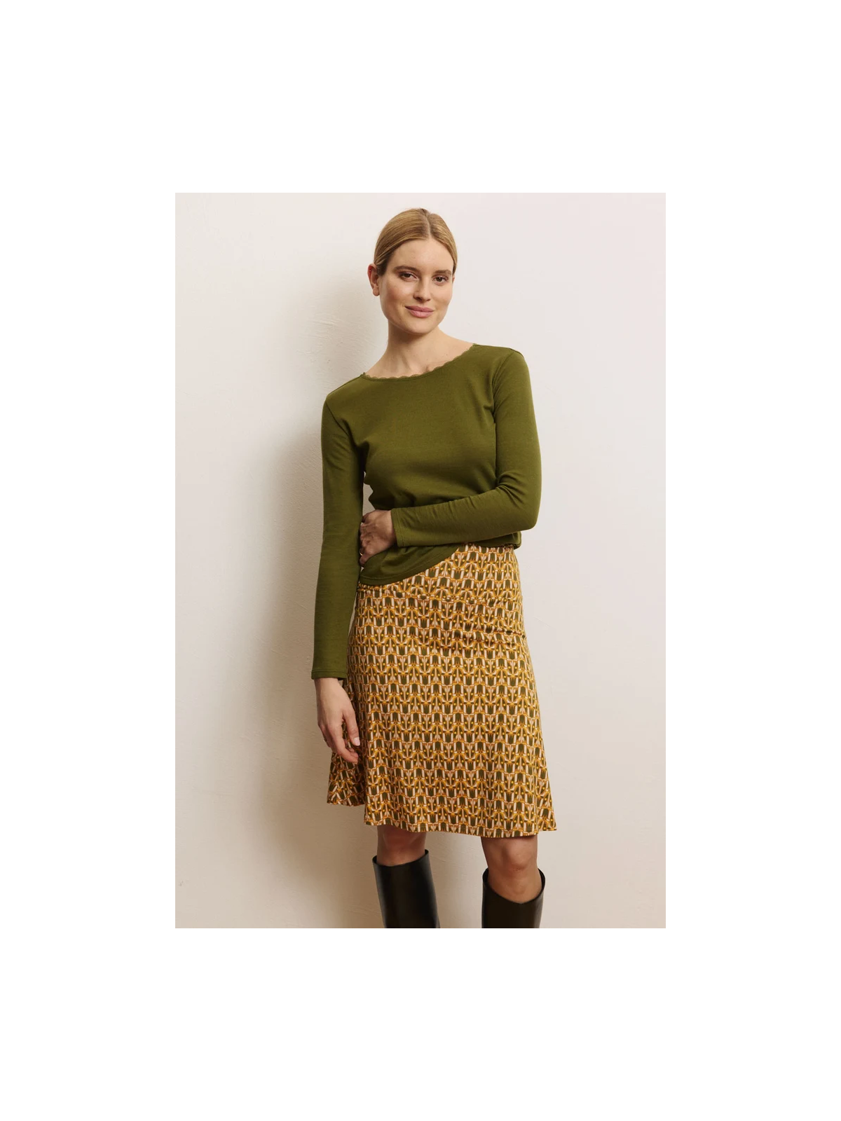 Jupe mi-longue pour Femme en Ecovéro Imprimé tulipe ocre- Tranquillo