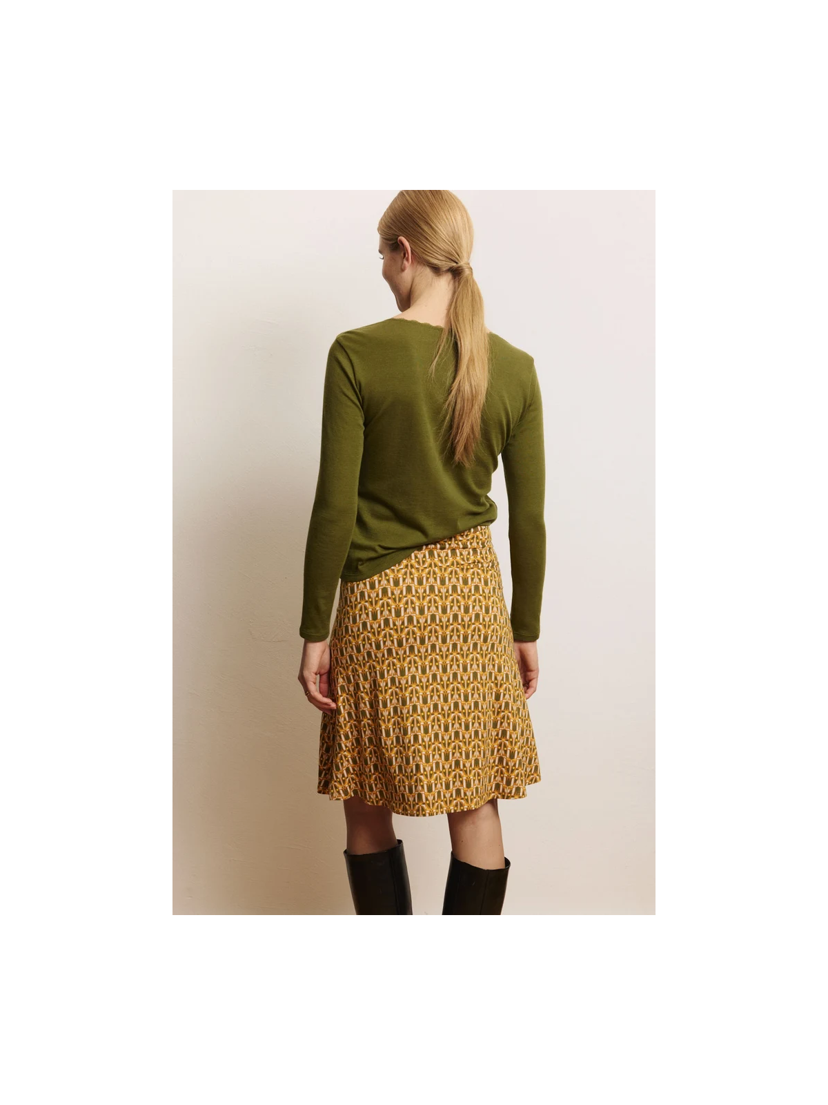 Jupe mi-longue pour Femme en Ecovéro Imprimé tulipe ocre- Tranquillo