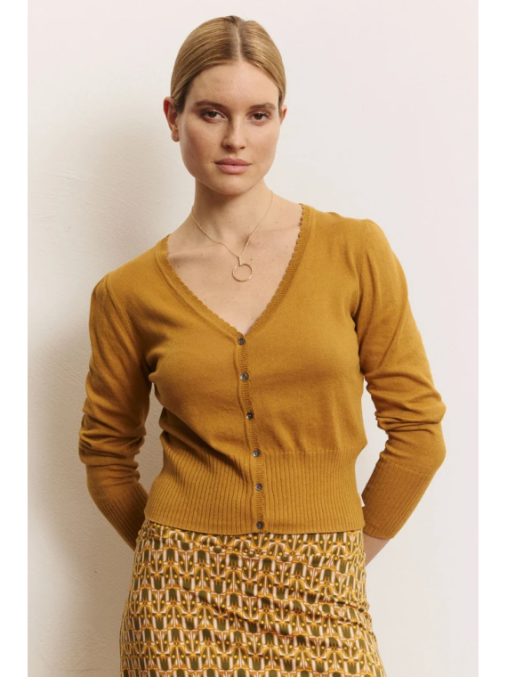 Cardigan pour Femme en 100% Coton Bio Couleur Ocre- Tranquillo