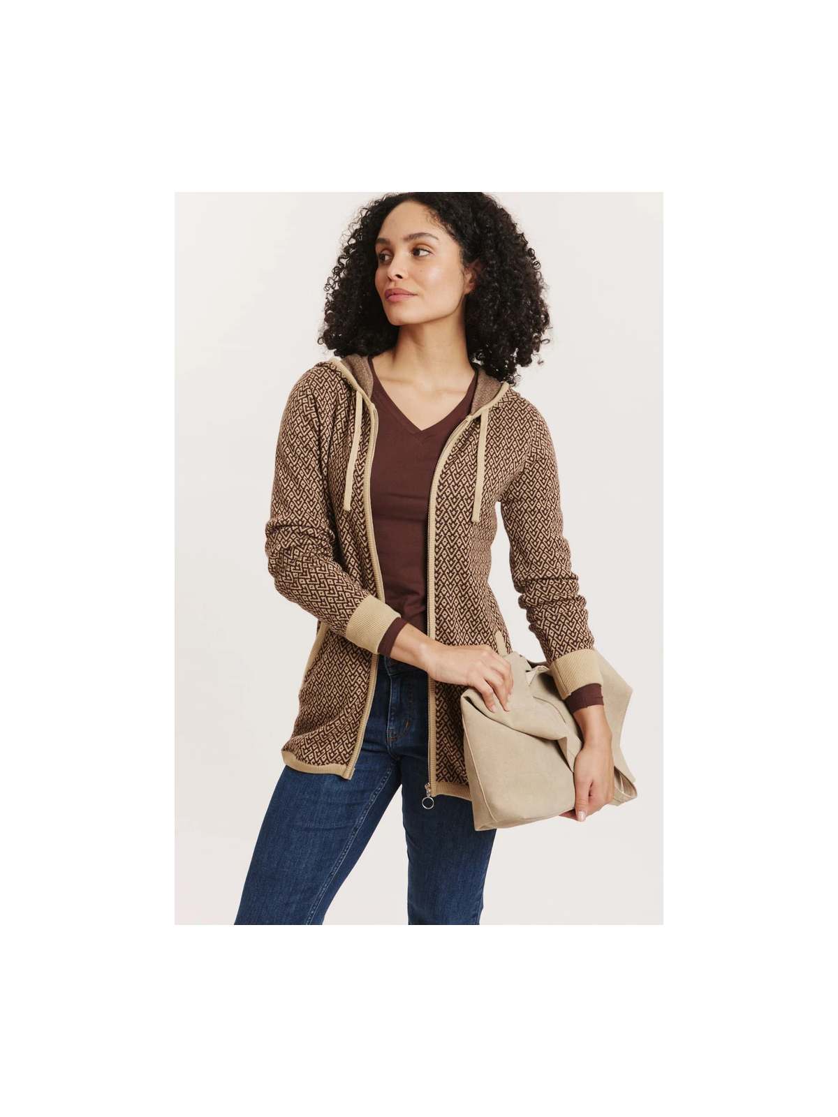 Veste 3/4 à capuche 100% Coton BIO chocolat - Tranquillo