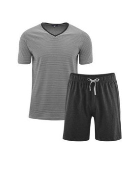 Pyjama 100% Coton bio haut rayé col V, short uni avec lien