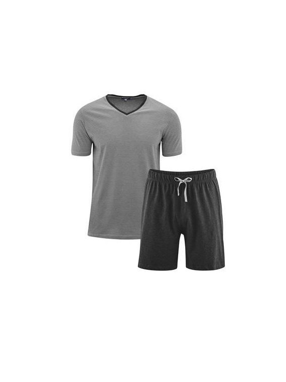 Pyjama 100% Coton bio haut rayé col V, short uni avec lien