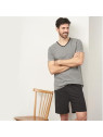Pyjama 100% Coton bio haut rayé col V, short uni avec lien